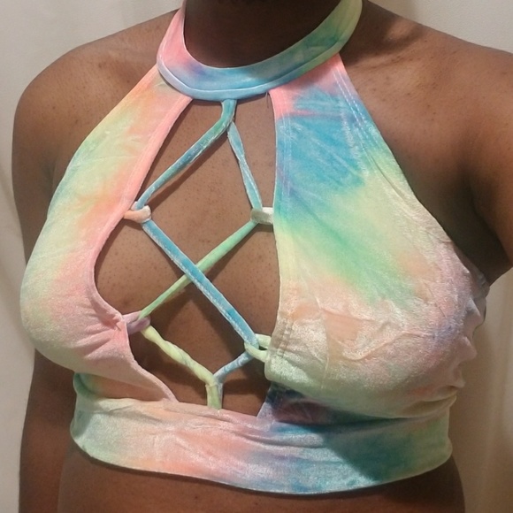 Bright rainbow rave halter crop top - Picture 1 of 4